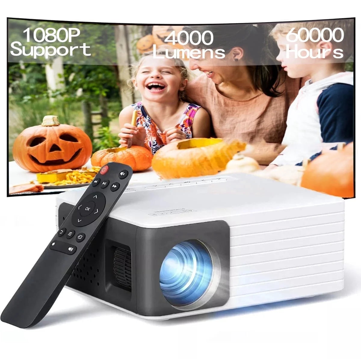 Coco Bear Mini Projector, Native 720P HD Projector with 4000 Lumens, LED Display, Portable Home Theater, Black